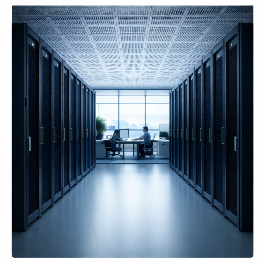 A data center aisle lined with server racks, with two engineers working at a desk at the far end.