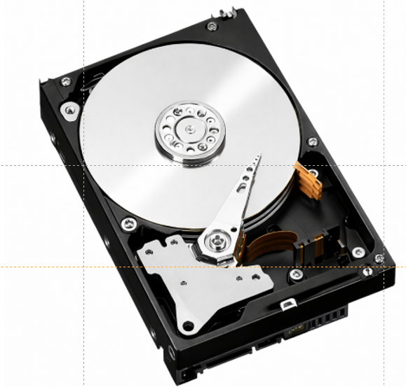 The interior of a 3.5-inch hard disk drive, showing the platter, spindle and actuator arm.