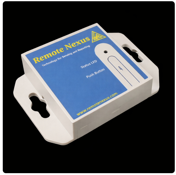 The Remote Nexus Model RN3, a small white rack-mountable enclosure with a blue label, status LED and push button.